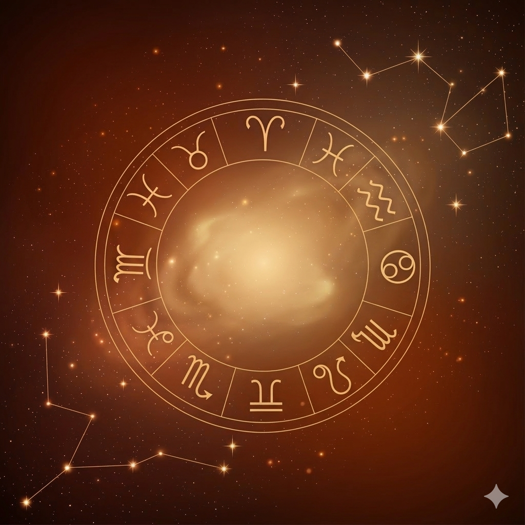 Illustration astrologique chaleureuse avec roue du zodiaque et constellations pour l'horoscope de la semaine.